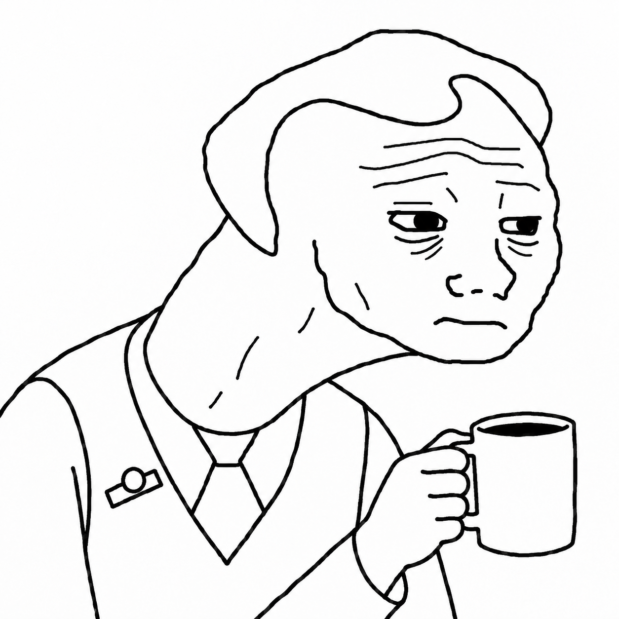 Line drawing of a long-necked meme character holding coffee