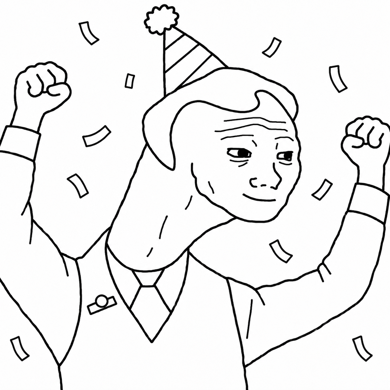 The character celebrating with a party hat and confetti